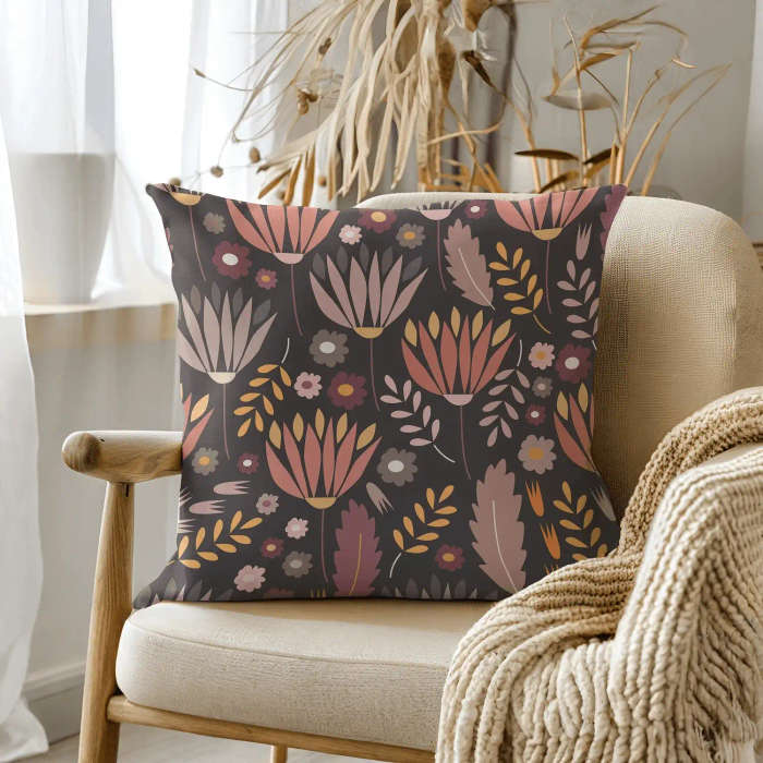 Dark Floral Boho Style Throw Pillow