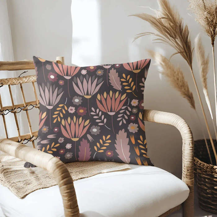 Dark Floral Boho Style Throw Pillow