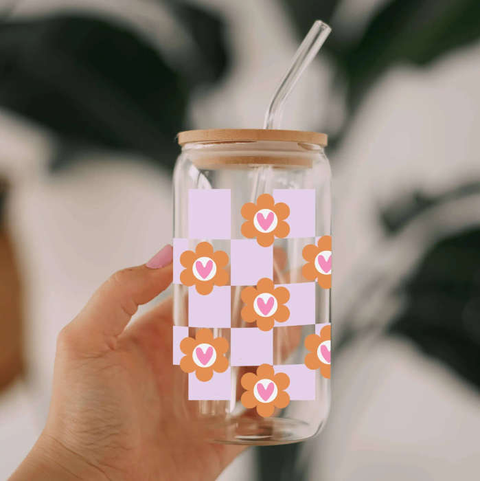 Checkered Flowers Glass Can