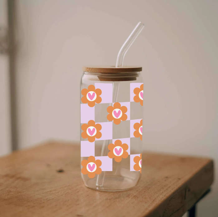 Checkered Flowers Glass Can