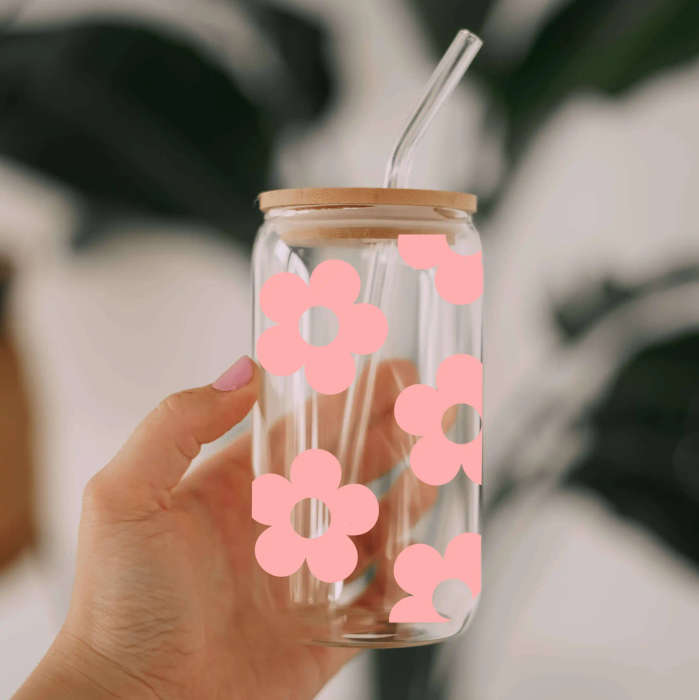 Pink Flower Glass Can