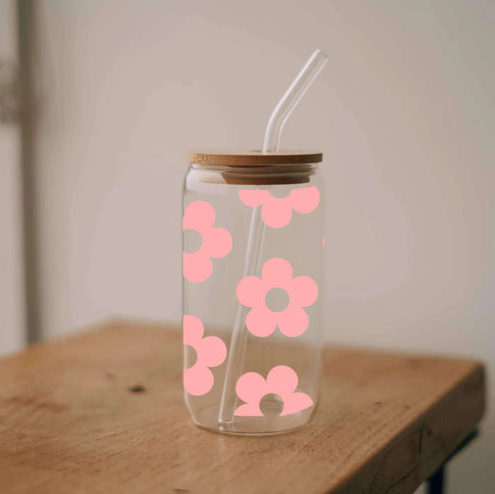 Pink Flower Glass Can
