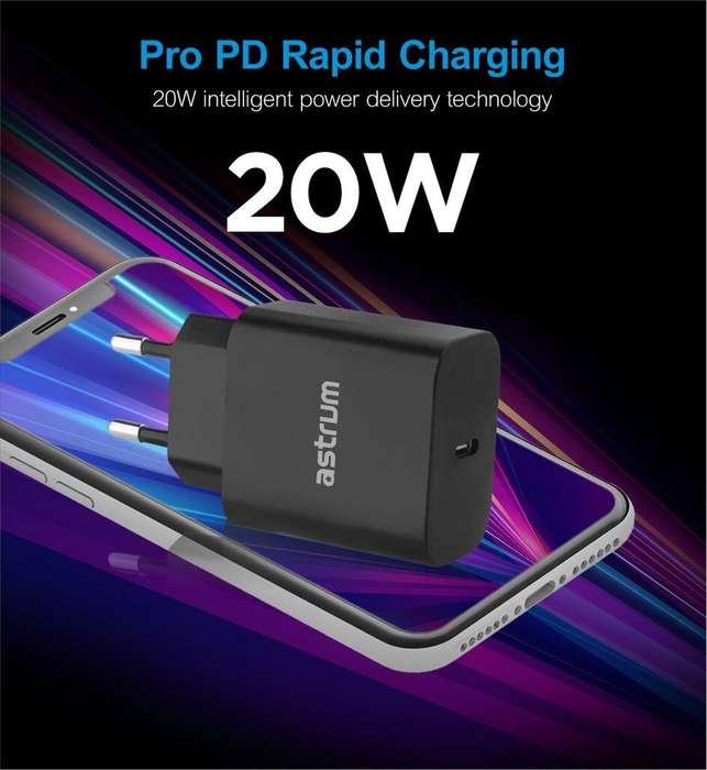 Astrum 3A USB-C PD 20W Quick Travel Wall Charger + USB-C Cable - Pro PD20 (Black)