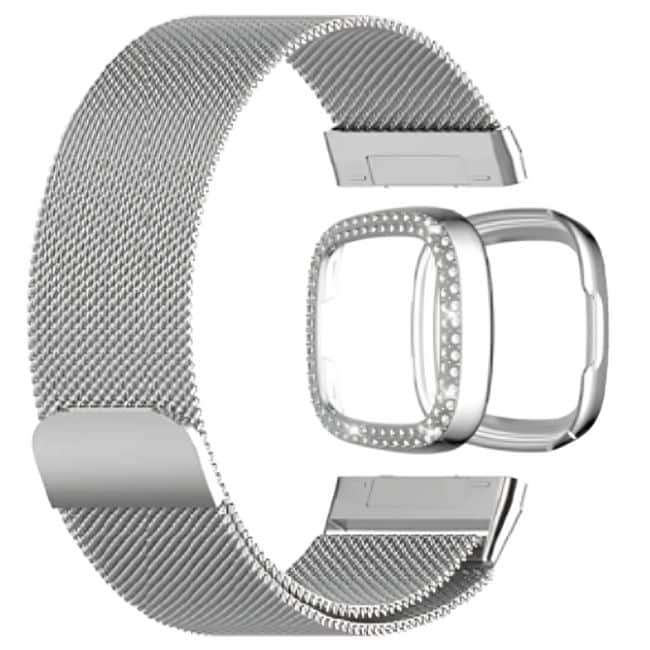 Killer Deals Milanese strap and PC case with diamond for Fitbit Versa 3 ,Sense - Silver Combo