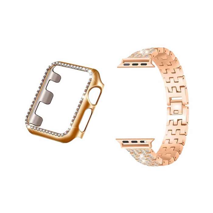 Killer Deals 40mm Apple Watch Rhinestone PC Shiny Protective Frame + stainless-steel strap - Rose...