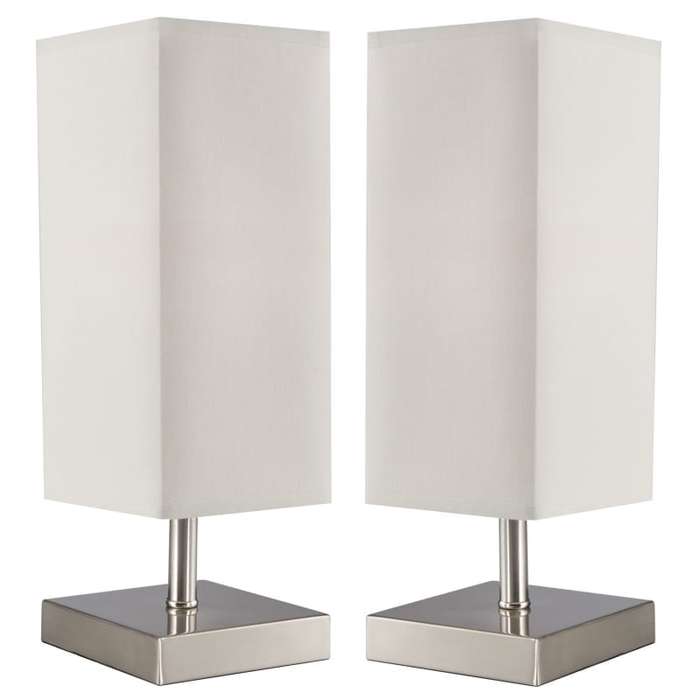 Twin Set of Satin Chrome Table Lamps with Beige Shades | TL196