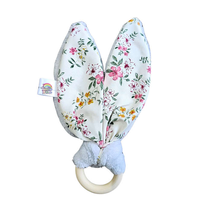 Personalized Grey and Floral Satin Bunny Teether