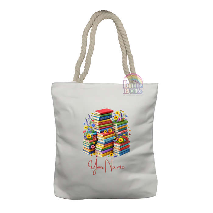Personalized Rope Tote Bag- Floral Books