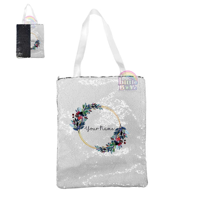 Personalized Sequin Tote Bag- Dark Floral