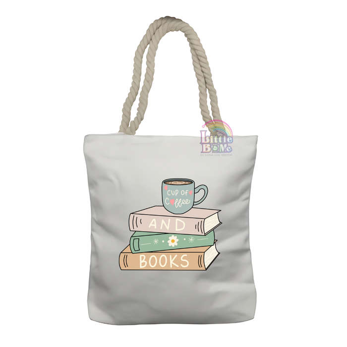 Personalized Rope Tote Bag- Coffee and Books