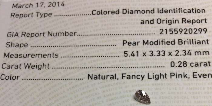0.28 Fancy Light Pink GIA Pear Certified Natural Loose Diamond