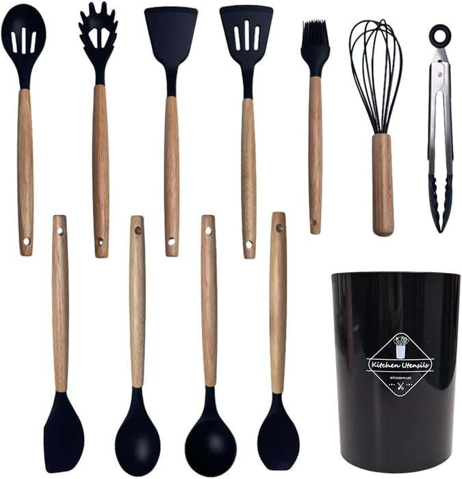 Wooden Handles Kitchen Utensils 12 pcs, Silicone Cooking Utensils Set Dishwasher Safe, up to 446°F
