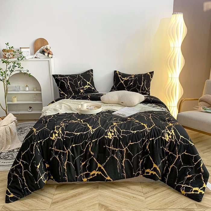 High Quality Metallic Marble Queen Size Comforter Gold Print Glitter - Black