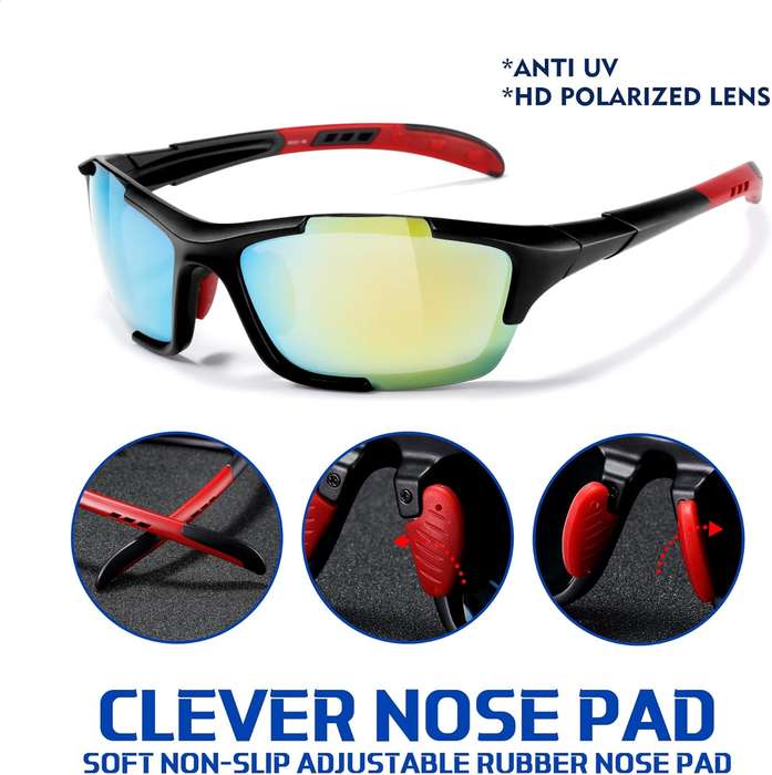 Polarized Sports Sunglasses Men`s Cycling Running Golf Fishing Volleyball Tennis Anti-UV (Black/Red)