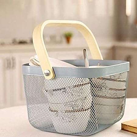 Hanging Round Mesh Fruit Basket Bowl with Wooden Handle for Storage,Garden Kitchen Bathroom Pantry