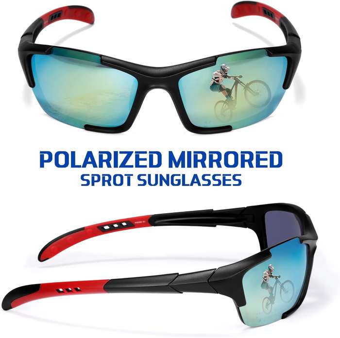 Polarized Sports Sunglasses Men`s Cycling Running Golf Fishing Volleyball Tennis Anti-UV (Black/Red)