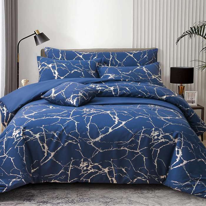 High Quality Metallic Marble Queen Size Comforter Gold Print Glitter - Blue