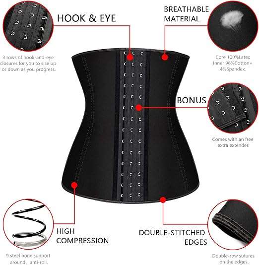 9 Steel Boned Latex Waist Trainer - Black (S - 5XL)