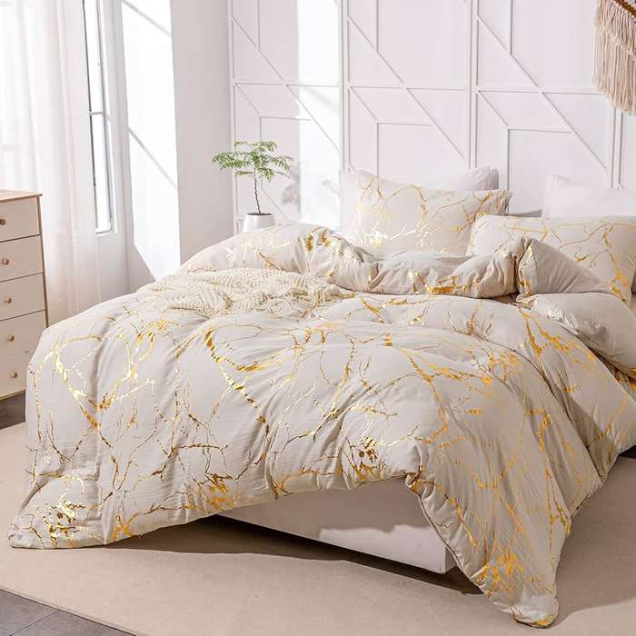 High Quality Metallic Marble Queen Size Comforter Gold Print Glitter - Cream White