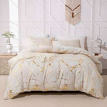 High Quality Metallic Marble Queen Size Comforter Gold Print Glitter - Cream White