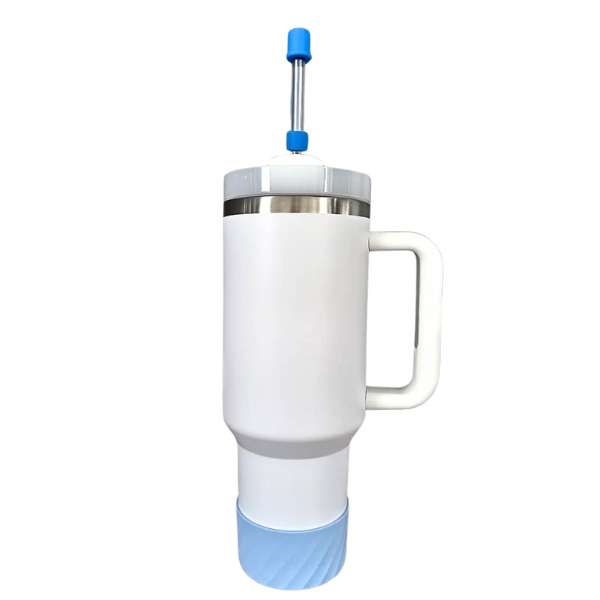White Insulated S/Steel Tumbler with Protective Boot and Straw Cover - with Blue Accessories
