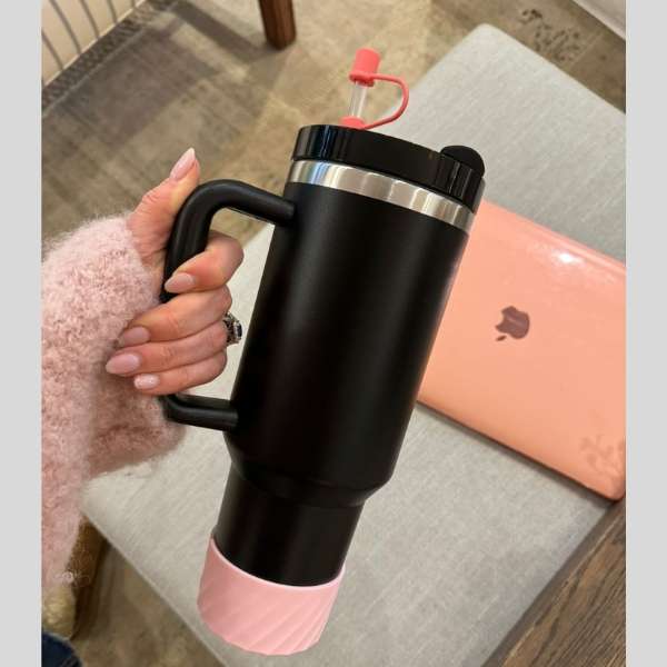 Black Insulated Stainless Steel Tumbler w/ Protective Boot and Straw Cover - with Pink Accessories