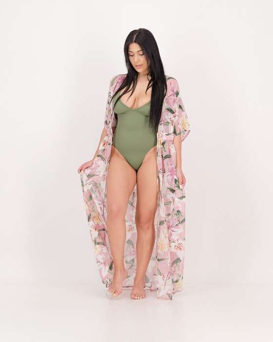 LaMode Long Length Blouse With Kimono Sleeve - Pink Print (36)