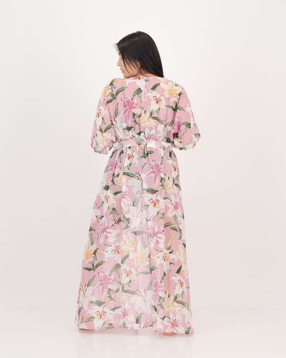 LaMode Long Length Blouse With Kimono Sleeve - Pink Print (36)