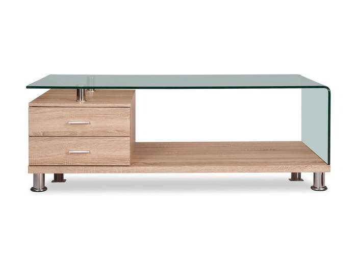 Coffee Tables with Drawers - Tempered Glass - Oak Wooden Colour