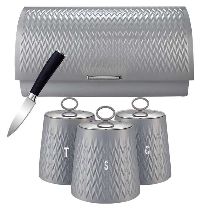 High Quality Bread Bin Canisters Kitchen Set With FREE Knife- Grey