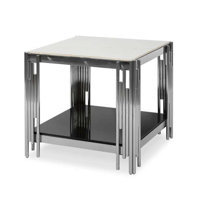 Side / End Tables - Faux Marble Top - With Stainless Steel Base - Silver