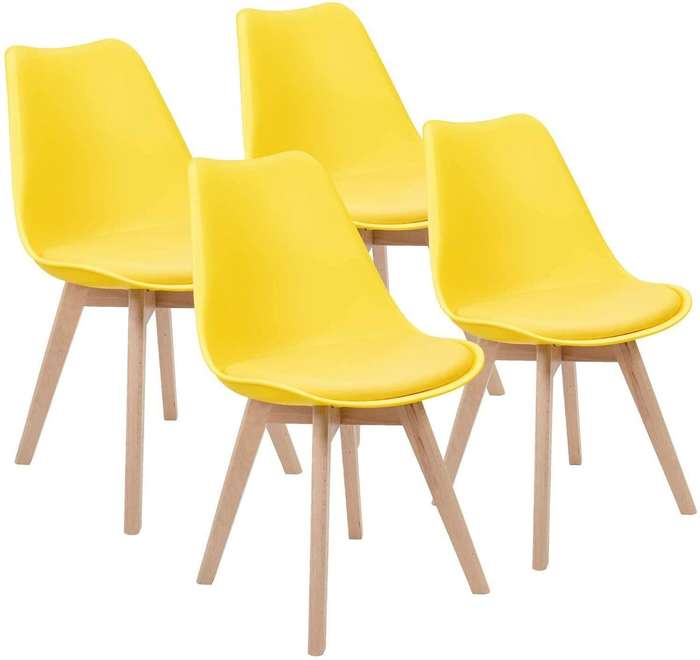 Padded Seat Wooden Leg Dining Chairs - Pack of Four - Yellow Colour