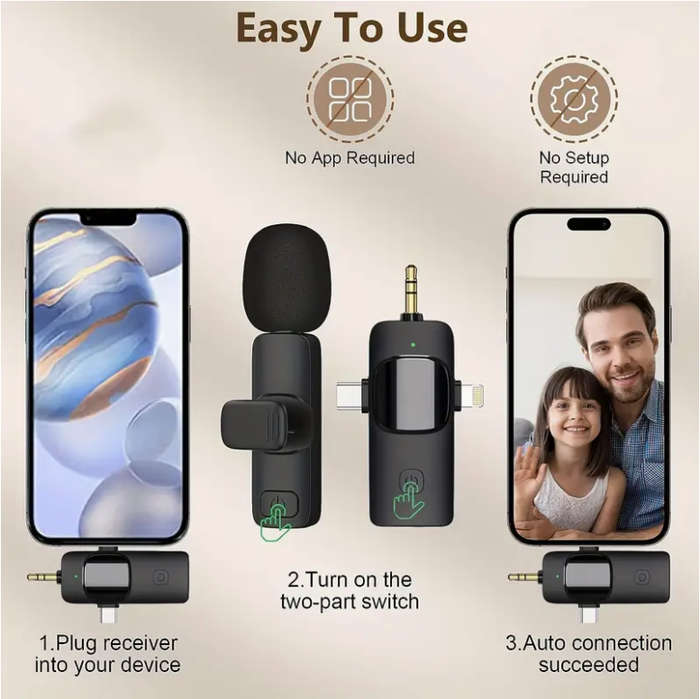 3 in 1 Wireless Lavalier Microphones Noise Canceling Mic - 2 Pack