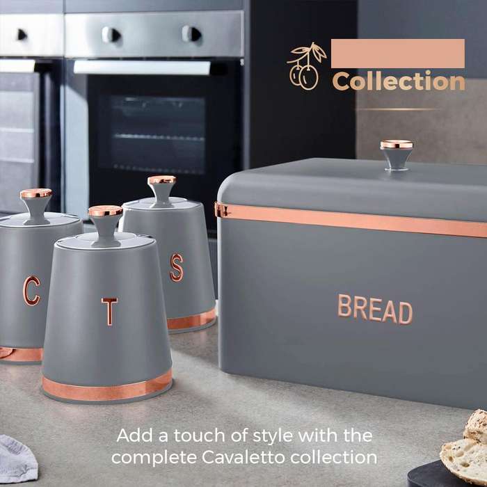 Bread Bin Storage Canisters (with Coffee/Sugar/Tea Canisters with FREE Bread Knife) - Grey