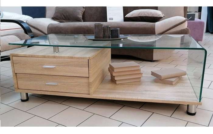 Coffee Tables with Drawers - Tempered Glass - Oak Wooden Colour