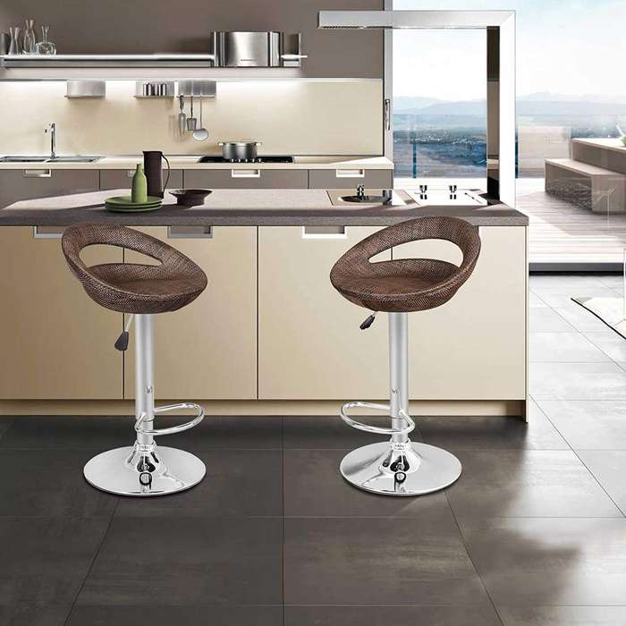 Bar Stools -Rattan Backrest Adjustable Swivel Gas Lift Chair-Brown Colour