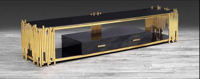 Smart TV/ Plasma Stands - Tempered Glass Top - Wooden Drawers - Gold