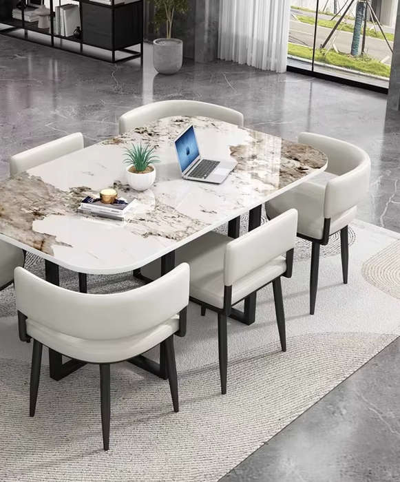 Marble-Finish Rectangular Dining Table Set with Padded Chairs
