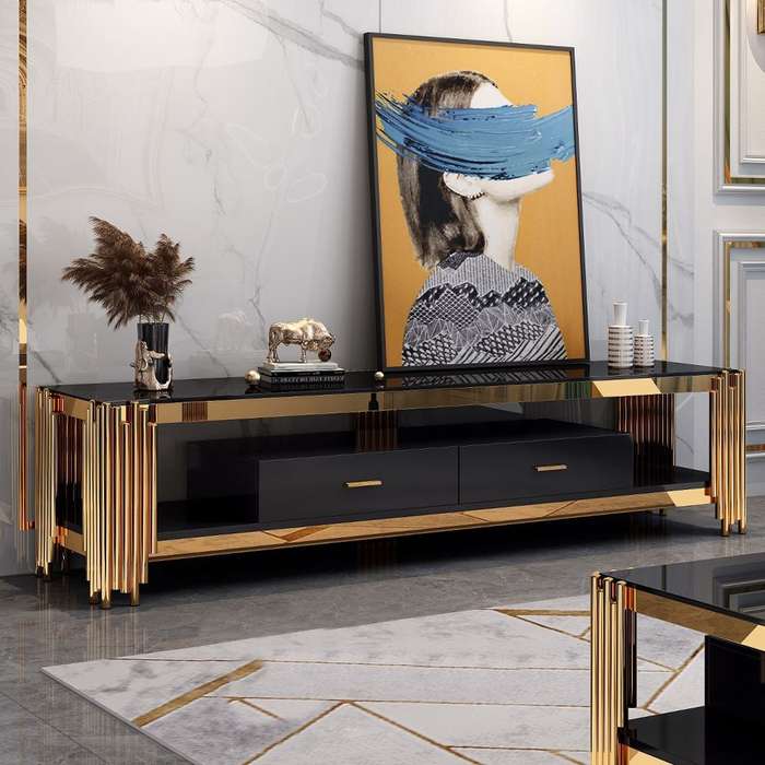 Smart TV/ Plasma Stands - Tempered Glass Top - Wooden Drawers - Gold