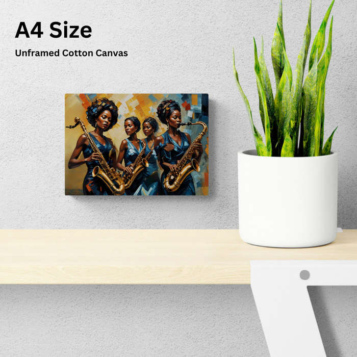 Jazz Queens: A Symphony in Blue  Printed Canvas Wall Art (Unframed) | African Female Saxophoni...
