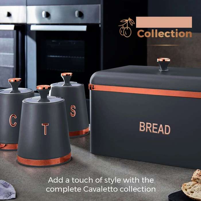 Bread Bin Storage Canisters (with Coffee/Sugar/Tea Canisters with FREE Bread Knife) - Black