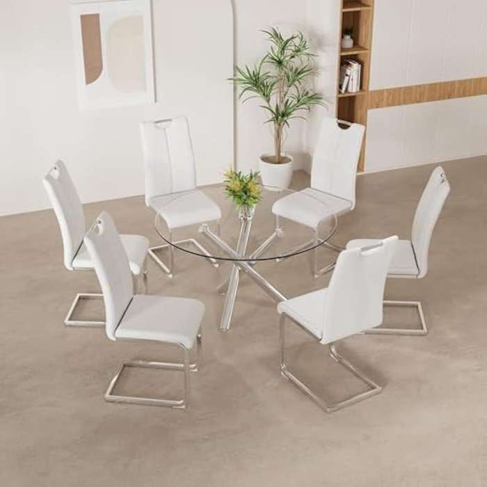 Faux Leather with Silver Metal Legs Dining Chairs - 6 Pack - White