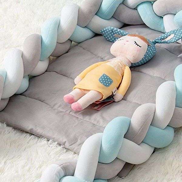 Baby Crib Bumper Knotted Braided Plush  GreyWhiteBlue