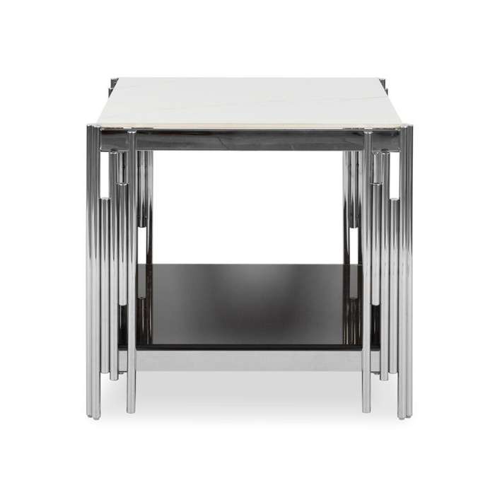 Side / End Tables - Faux Marble Top - With Stainless Steel Base - Silver