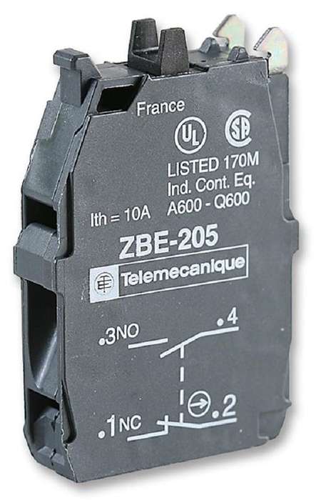 Schneider Electric (ZBE205) Contact Block, 1NO/1NC, 10 A, 600 V, 1 Pole