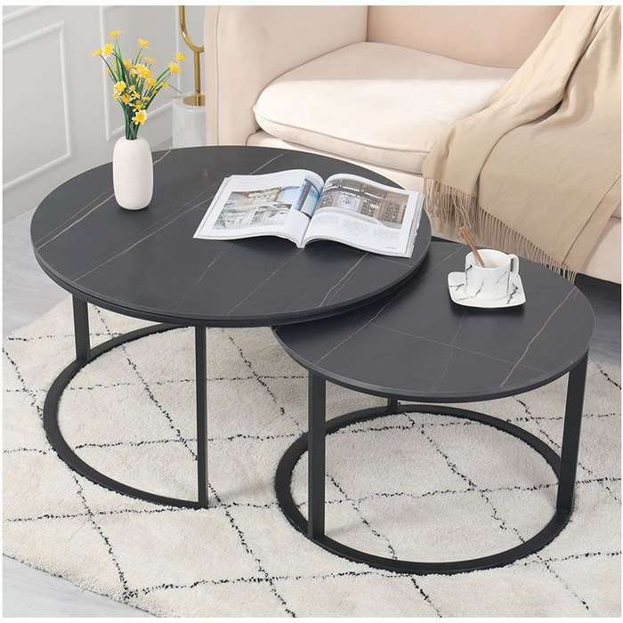 Set of 2 Rounded Faux Marble Top Nesting Coffee Tables