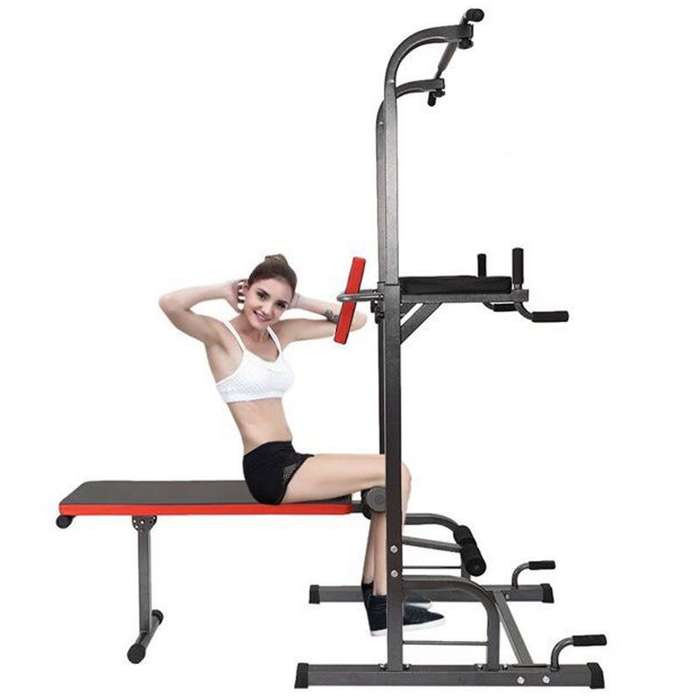 Adjustable All-in-One Pull-Up Bar Tower Dip Station with Bench Bar