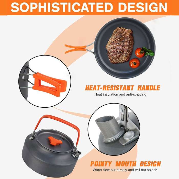 10 Piece Camping Cookware Mess Set Foldable Pot Pan Kettle Aluminum Outdoor
