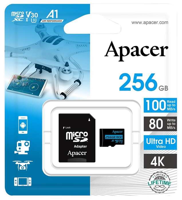 Apacer (AP256GMCSX10U7-R) 256GB Secure Digital Card V30, micro SDXC, Ultra
