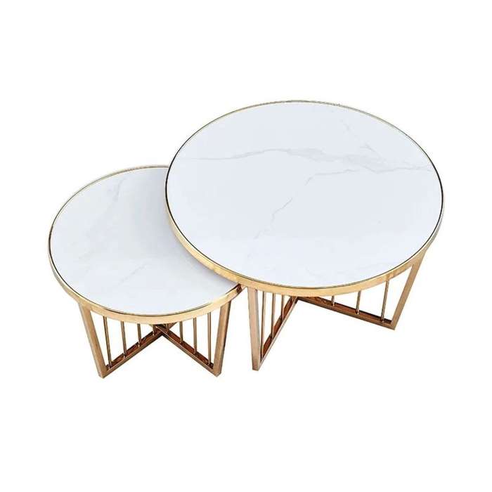 White, Gold Ceramic Round Coffee Table